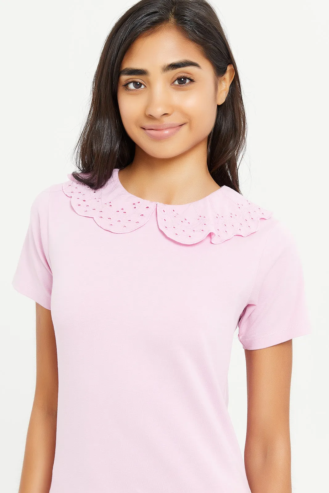 Senior Girls Pink Ruffled Sleeve Rib Top