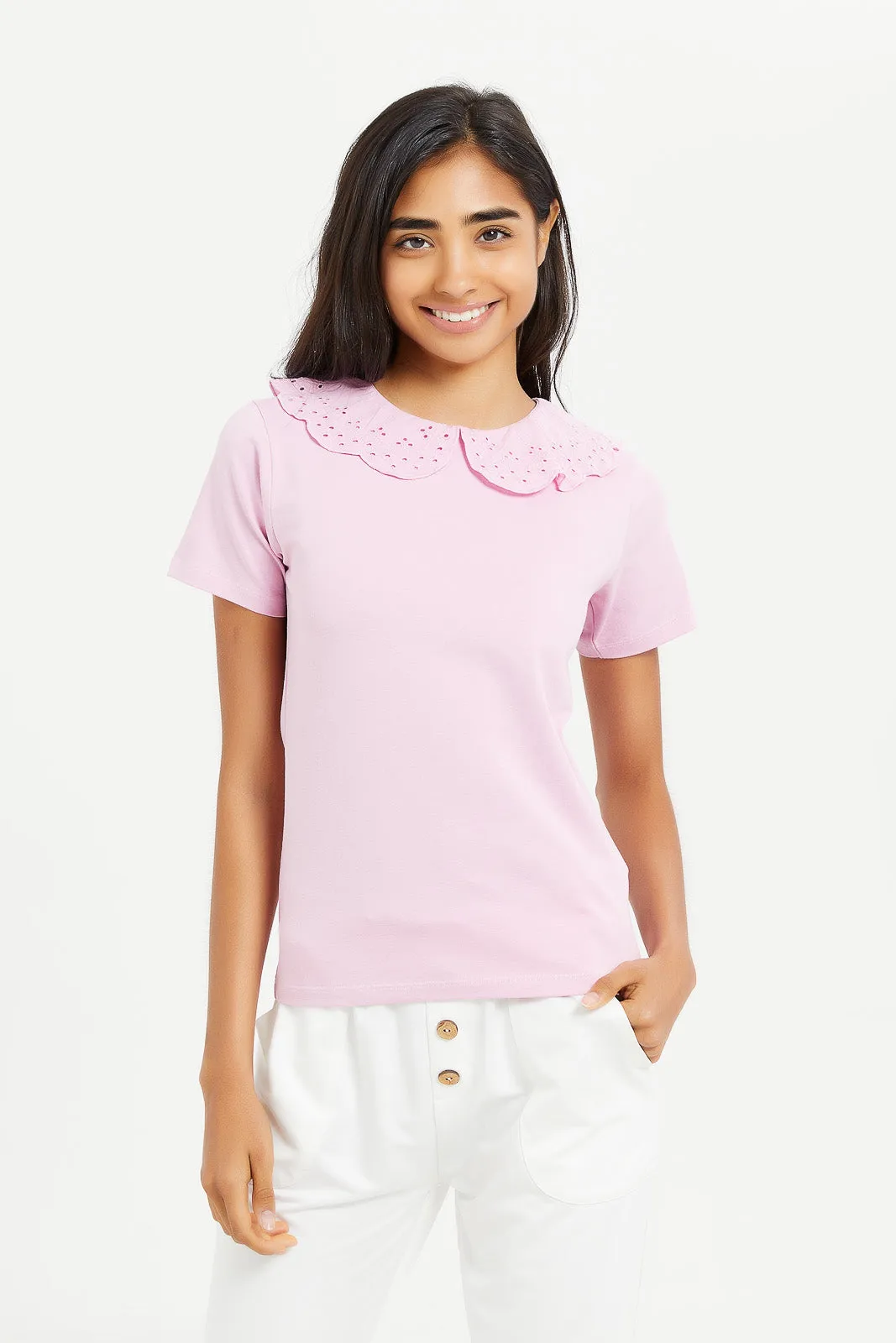 Senior Girls Pink Ruffled Sleeve Rib Top