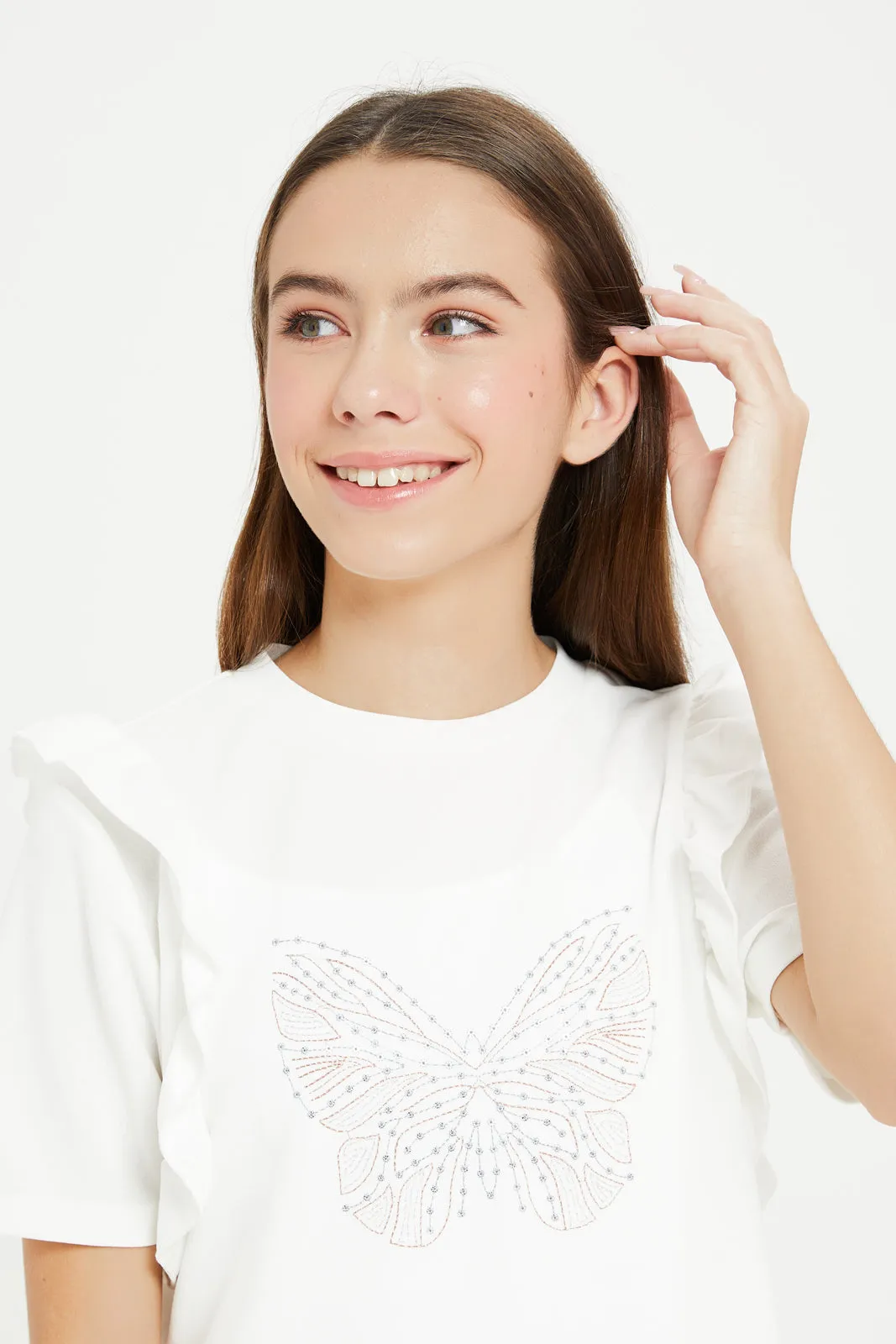 Senior Girls White Butterfly Embroidery Top