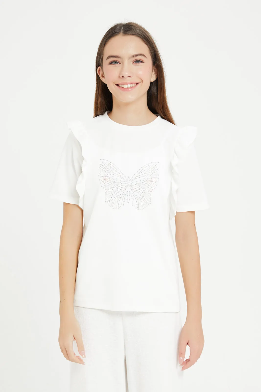 Senior Girls White Butterfly Embroidery Top