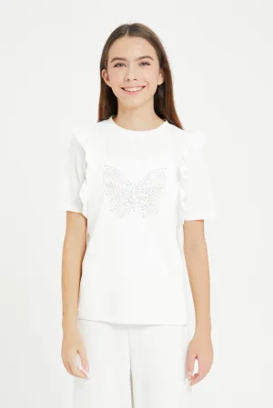 Senior Girls White Butterfly Embroidery Top