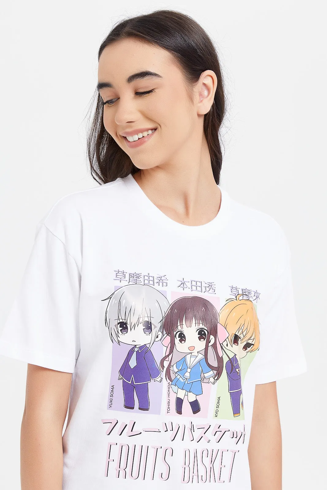 Senior Girls White Oversize Printed T-Shirt