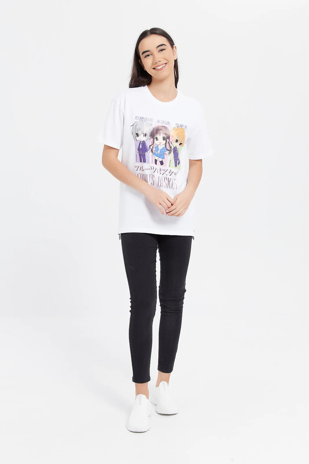 Senior Girls White Oversize Printed T-Shirt