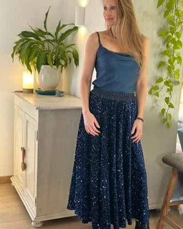 Sequin & Velvet Skirt - Navy