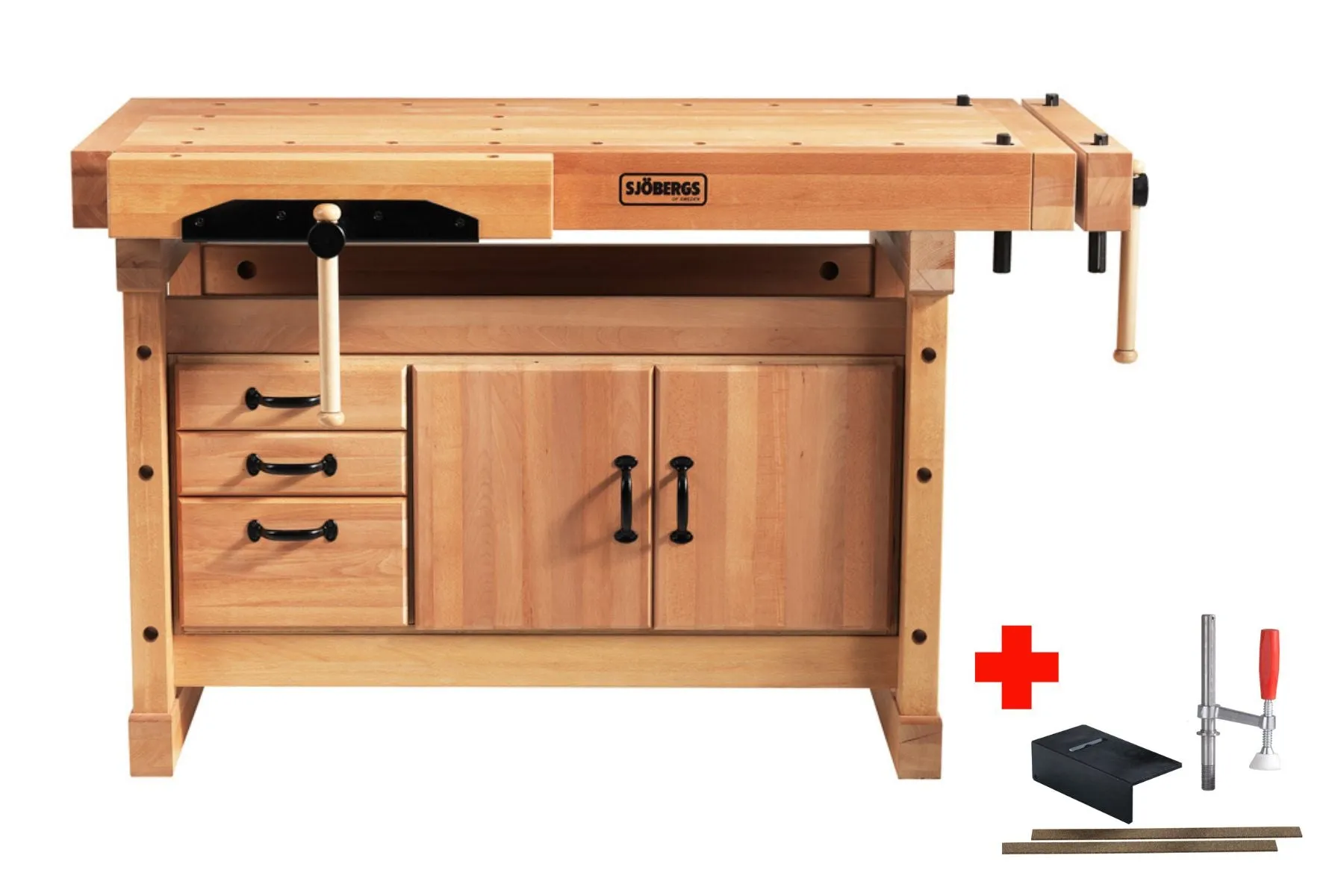 Sjöbergs European Beech Elite 1500 Professional Workbench with Storage Cabinet and Accessory Kit 59" x 29" with 3-3/8" Top (DCE)