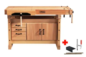 Sjöbergs European Beech Elite 1500 Professional Workbench with Storage Cabinet and Accessory Kit 59" x 29" with 3-3/8" Top (DCE)