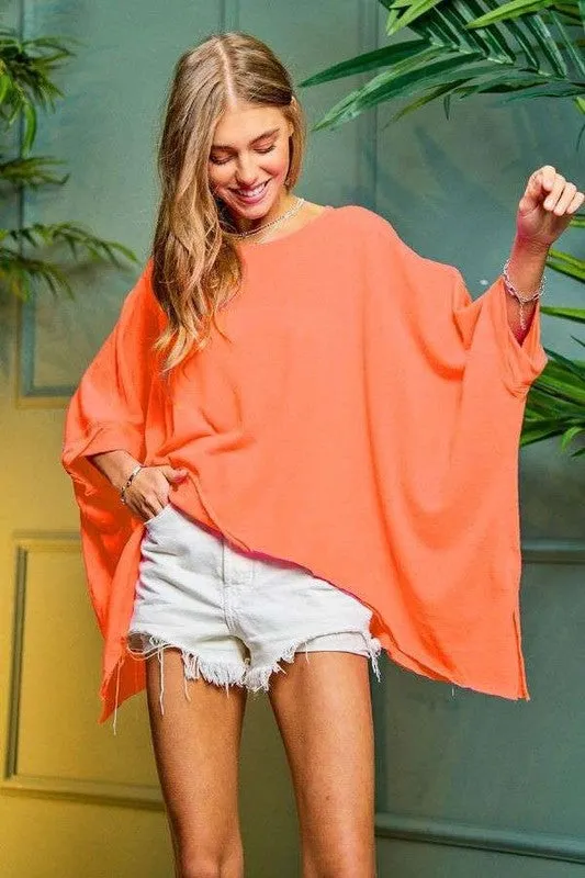 Solid Round Neck Loose Fit Kimono Sleeve Sweater