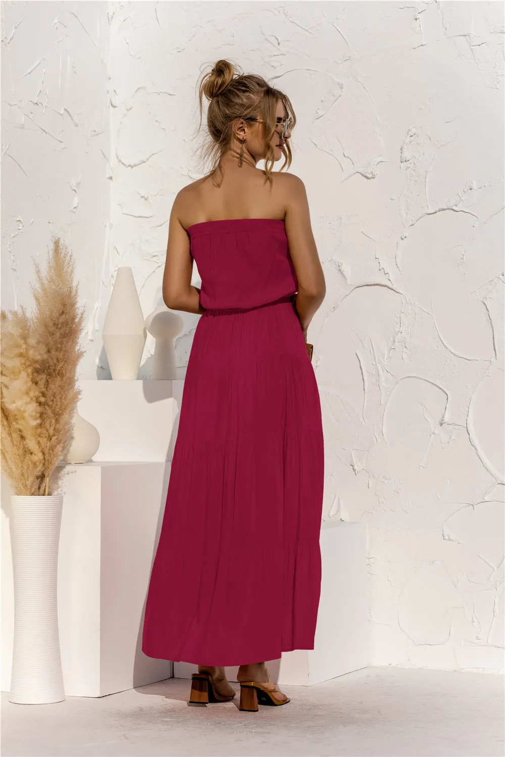 Strapless Tie Waist Tiered Maxi Dress