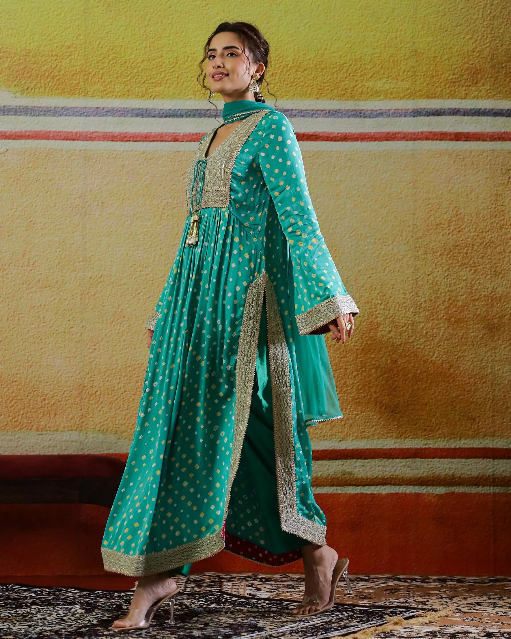 Teal Bandhej Printed Italian Paper Silk Pants Set