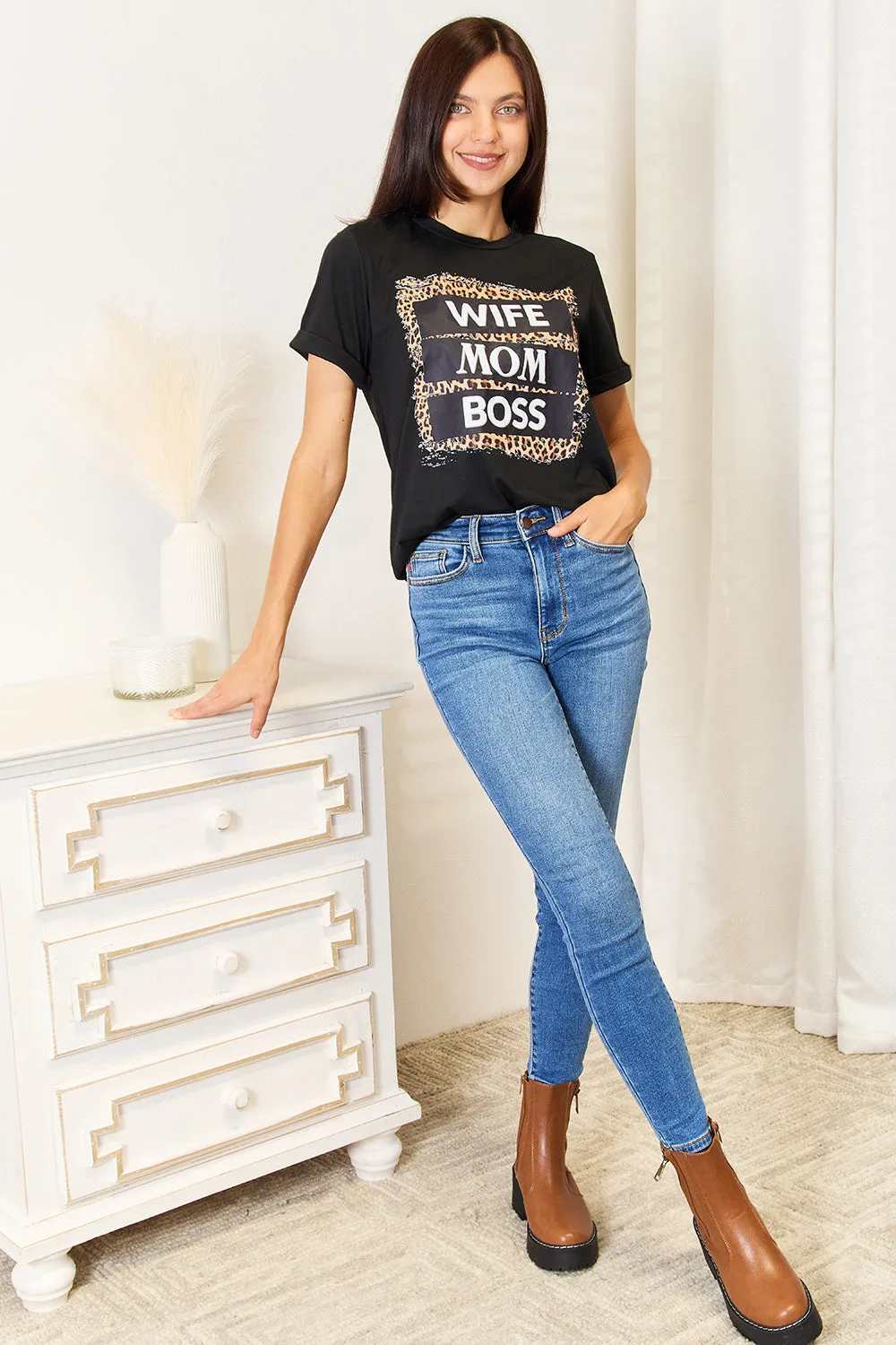 WIFE MOM BOSS Leopard Graphic T-Shirt