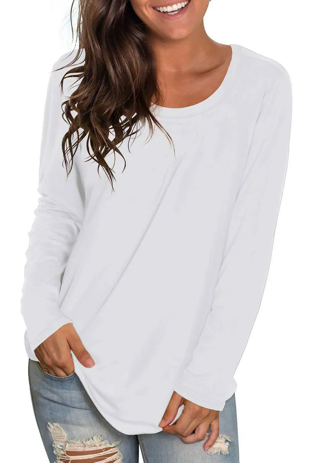 Women Relaxable Solid Pattern Round Neck Comfy Long Sleeve Casual T-Shirt - WSB9592